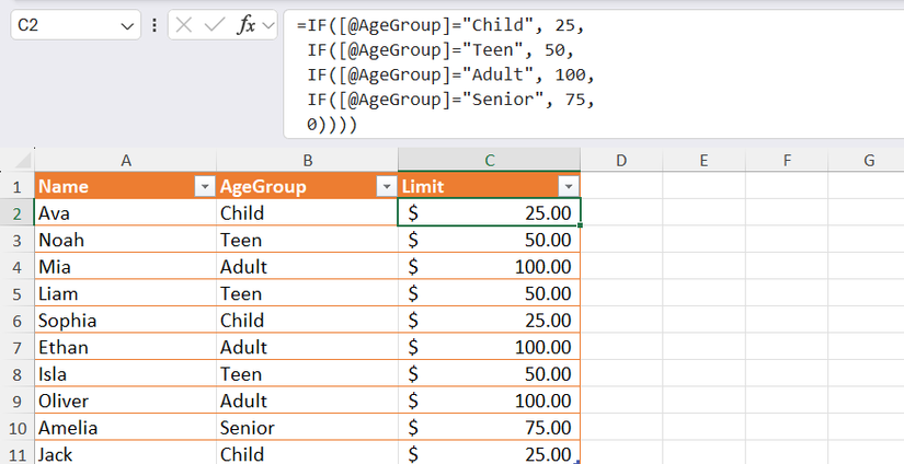 A nested IF formula in the Excel formula bar that demonstrates overcomplicated logic for a straightforward lookup task.