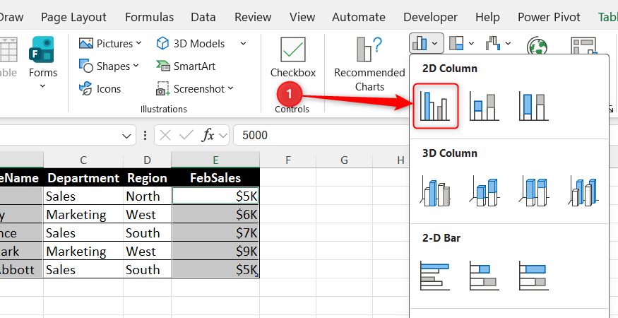 A new data table is selected and a standard column chart is generated from the Insert menu in Excel.
