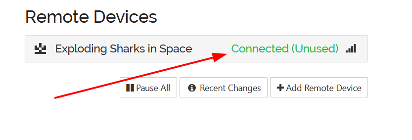A remote device called Exploding Sharks in Space showing connected to a PC.