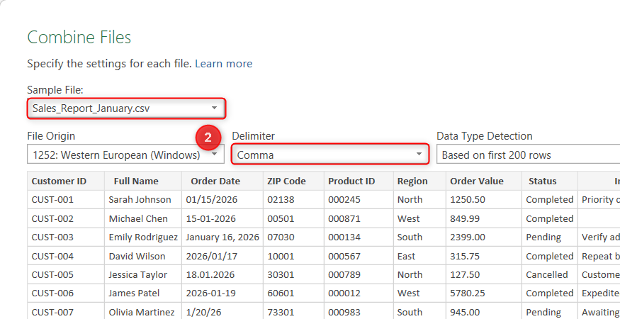 A sample file and comma delimiter are selected in Excel's Combine Files dialog.