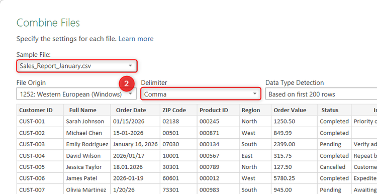 A sample file and comma delimiter are selected in Excel's Combine Files dialog.