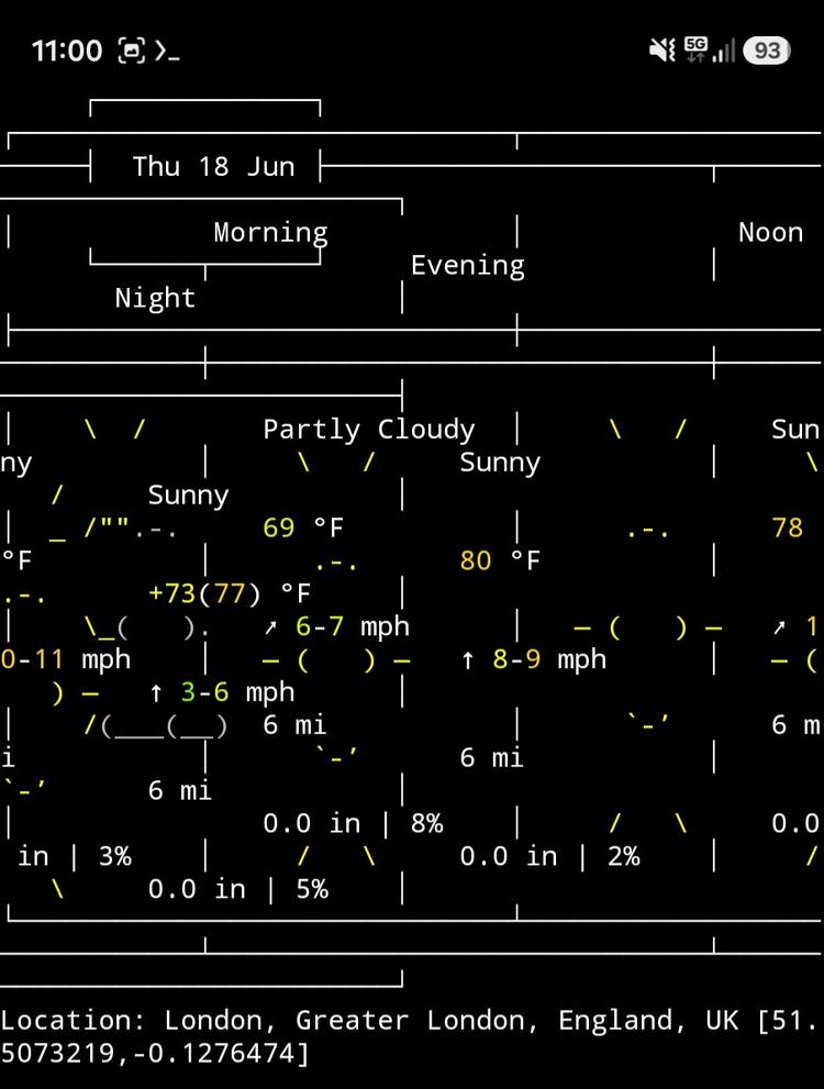 A screenshot inside of Termux on an android device showing the weather report in London.