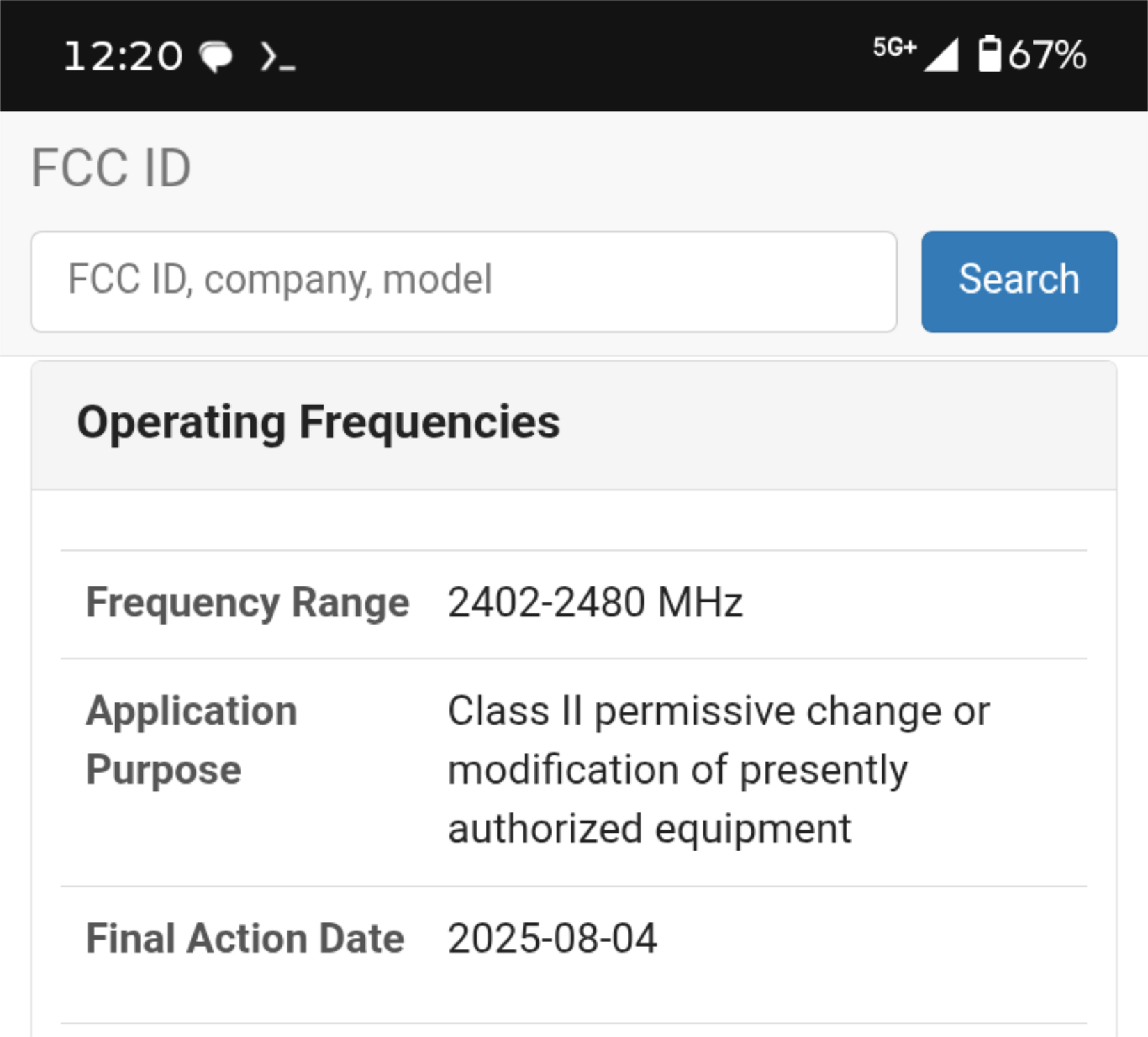 A smartphone screenshot showing FCC frequency ranges for the device being used.