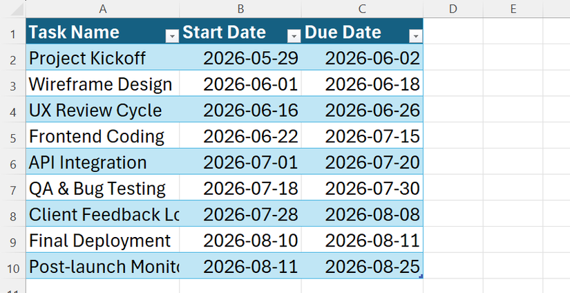 A structured Excel tracking table containing project tasks, start dates, and due dates.