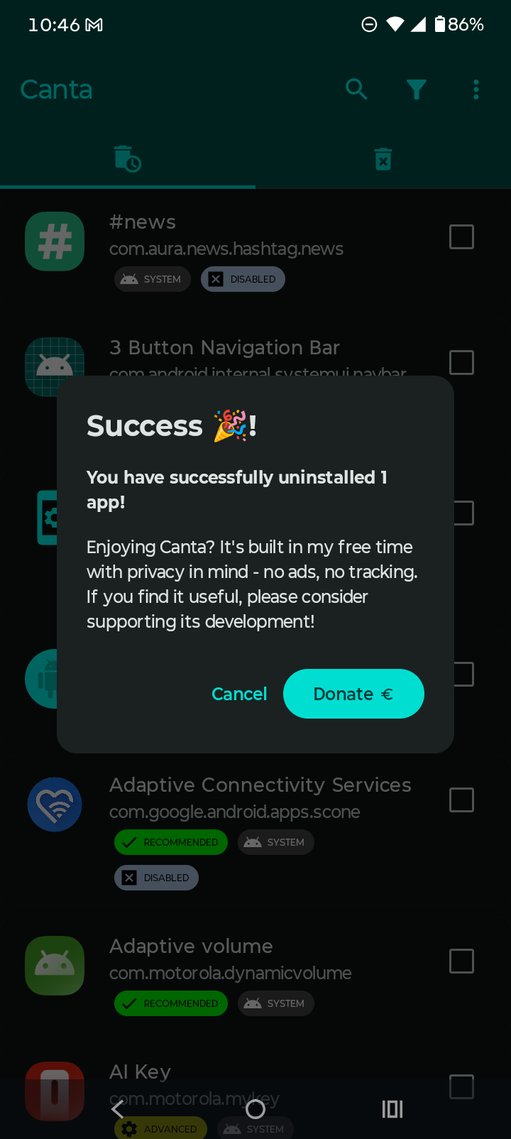 удаление лишних приложений на смартфоне Motorola с помощью Canta