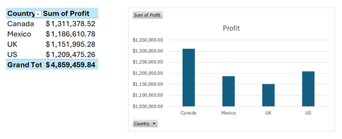 A PivotTable alongside its corresponding PivotChart showing country profit totals