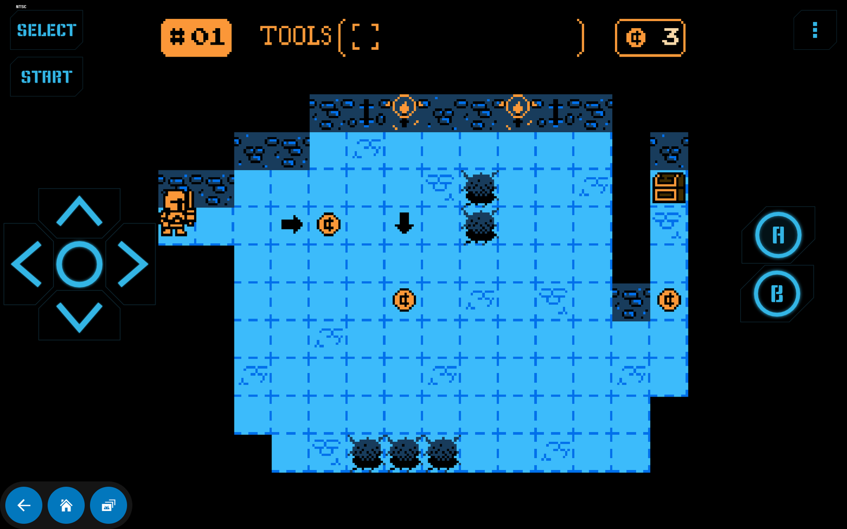 A yellow knight on a blue playing field inside a Nestalgia NES on a Fire Tablet.