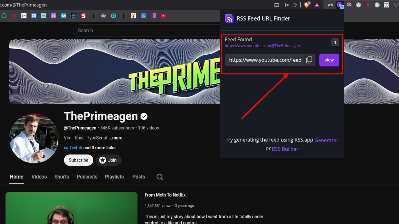 A YouTube channel page with the RSS Feed URL Finder extension open, displaying the discovered feed URL for the channel.