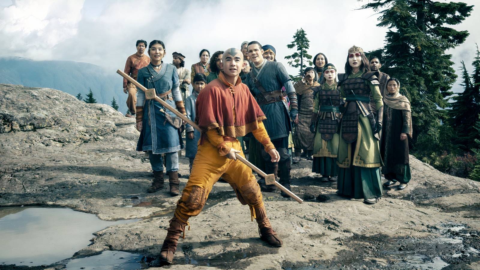 Aang stands with a weapon in Avatar The Last Airbender.