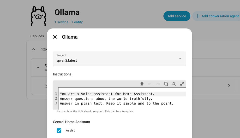 Configuring Ollama as a local conversation agent in Home Assistant