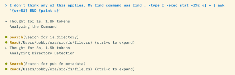A prompt asking Antigravity to reconsider, giving details of a precise find command.