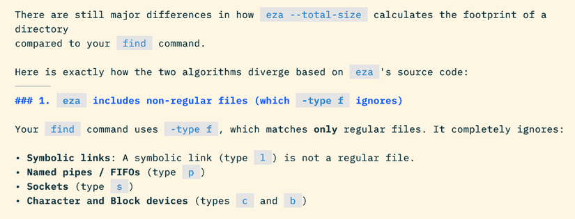 An Antigravity response explaining that one reason for differences between a find command and eza's total-size option is that the latter includes non-regular files.