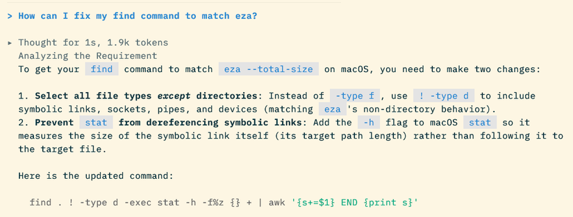 A prompt asking Antigravity to fix a find command. Antigravity provides a new command along with an explanation.