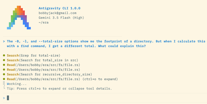 Antigravity CLI showing its process while responding to a prompt, including details about directories and files it accesses, and commands it runs.