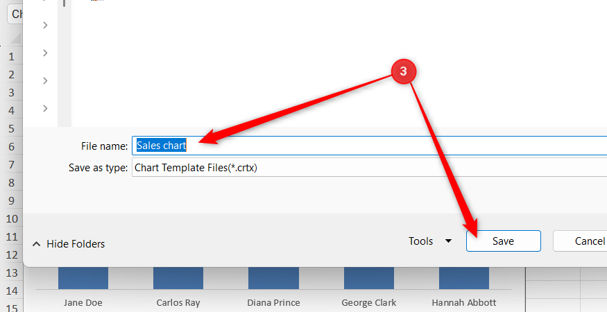 An Excel chart template is named Sales chart in the File name field of the dialog box.