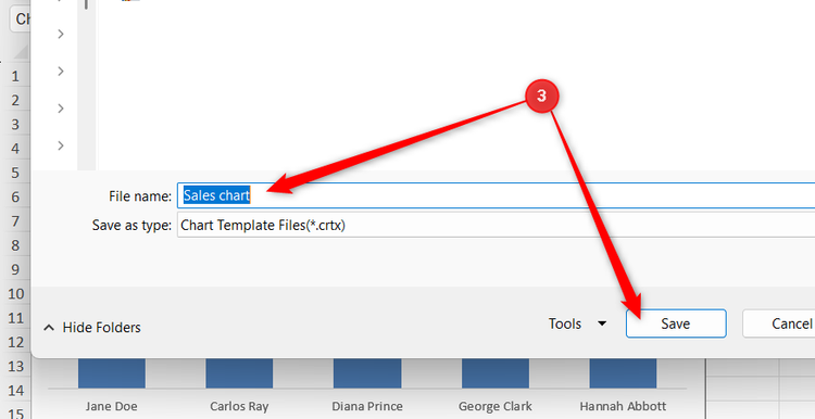 An Excel chart template is named Sales chart in the File name field of the dialog box.
