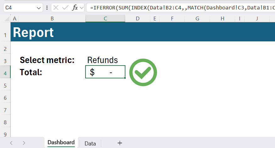 An Excel reporting dashboard showing a formula correctly returning a dash for zero values following an INDEX-MATCH lookup.