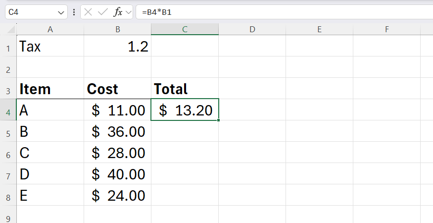 An Excel spreadsheet demonstrating a relative reference formula where a cost cell is multiplied by a static tax rate cell.