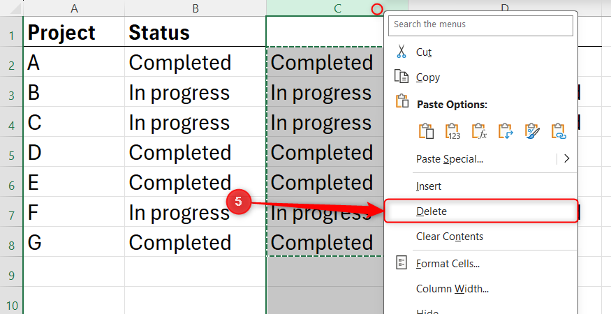 An Excel spreadsheet demonstrating the context menu actions used to delete a temporary helper column from the active layout view.