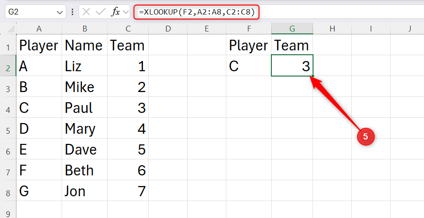 An Excel spreadsheet displaying a completed XLOOKUP formula and the resulting correct data match.