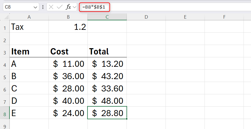 An Excel spreadsheet displaying a fully populated data column where every row correctly references a static tax rate cell.
