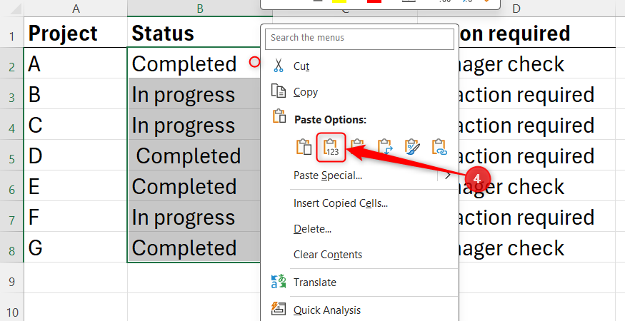 An Excel spreadsheet displaying the context menu options where the cleaned text data is copied and overwritten using paste values.