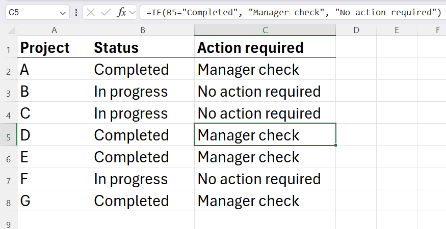 An Excel spreadsheet displaying the finalized dataset where a logical test processes the cleaned text values correctly.