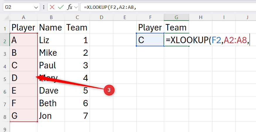 An Excel spreadsheet displaying the selection of the search array column range containing the lookup keys in an XLOOKUP formula.