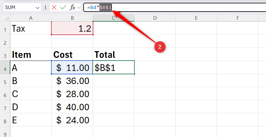 An Excel spreadsheet displaying the transformation of a relative coordinate into an absolute reference within the formula bar.
