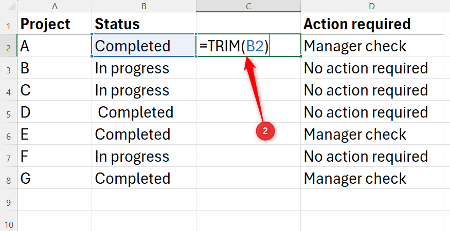 An Excel spreadsheet illustrating the input of the TRIM function within a newly created helper column.