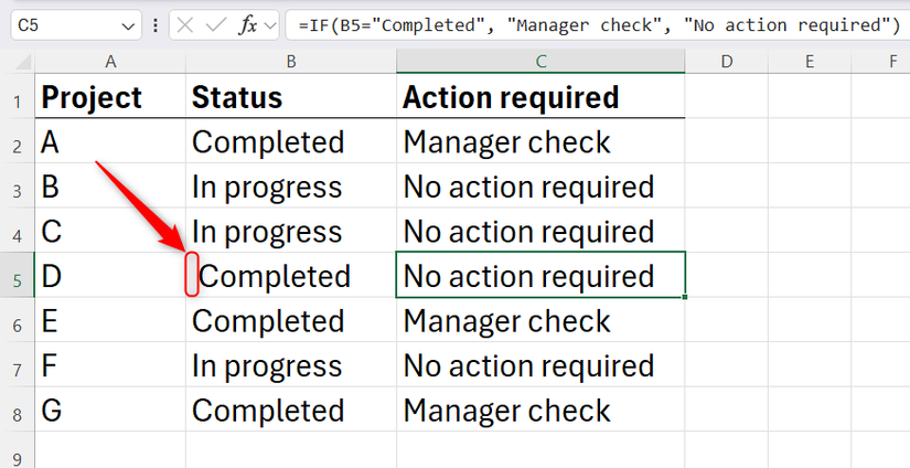 An Excel spreadsheet showing a logical test formula returning a mismatch result due to an invisible leading space inside a data status cell.