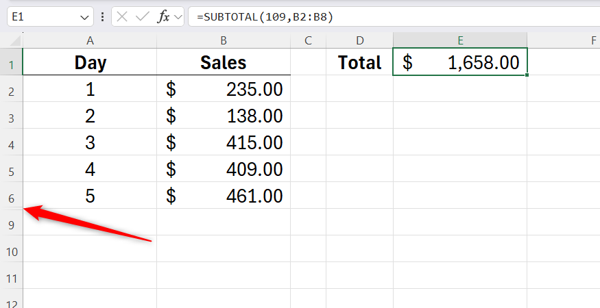 An Excel spreadsheet showing a SUBTOTAL formula dynamically updating to ignore rows that have been manually hidden.