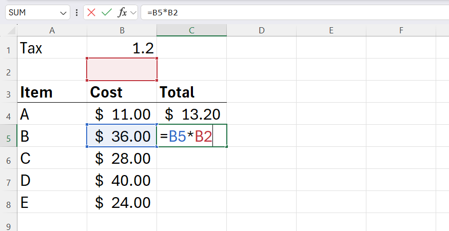 An Excel spreadsheet showing active cell borders during formula editing to demonstrate how a coordinate has incorrectly migrated away from the target variable.