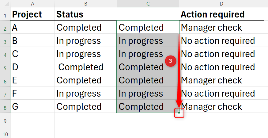An Excel spreadsheet showing the fill handle being used to copy the TRIM formula down to clean the remaining text records.