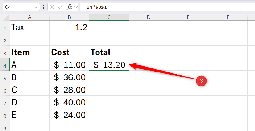 An Excel spreadsheet showing the formula of a selected cell containing an absolute reference.