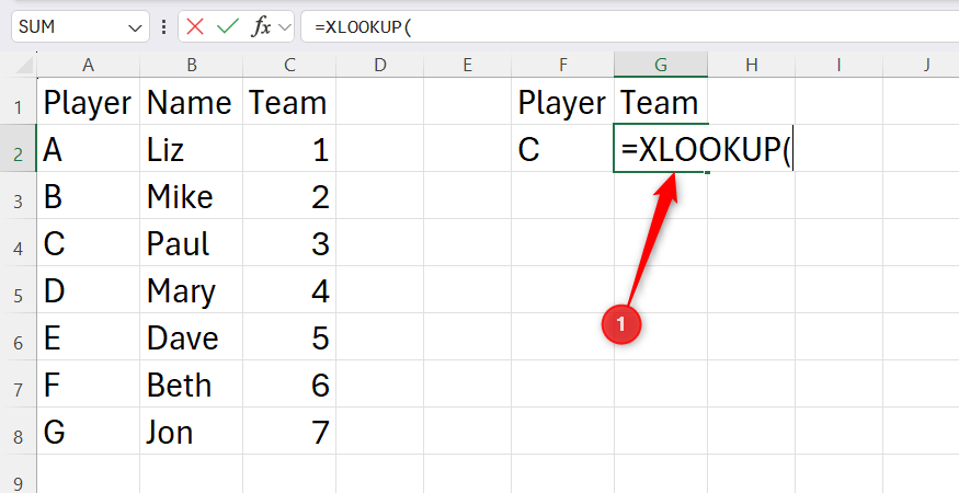 An Excel spreadsheet showing the initiation of the XLOOKUP function inside a target destination cell.