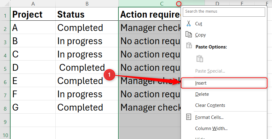 An Excel spreadsheet showing the insertion of a temporary helper column directly next to the text status column.
