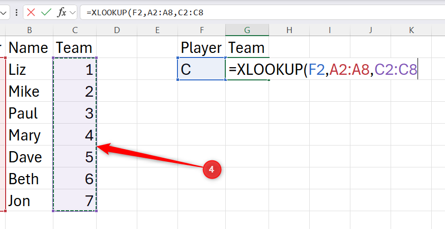 An Excel spreadsheet showing the selection of the return array column range containing the values to be retrieved via XLOOKUP.