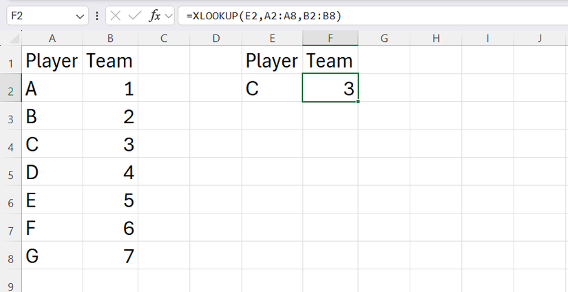An Excel spreadsheet showing XLOOKUP correctly retrieving data using dynamic source and return arrays.