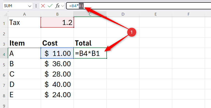 An Excel spreadsheet with a cell reference selected within the formula bar.