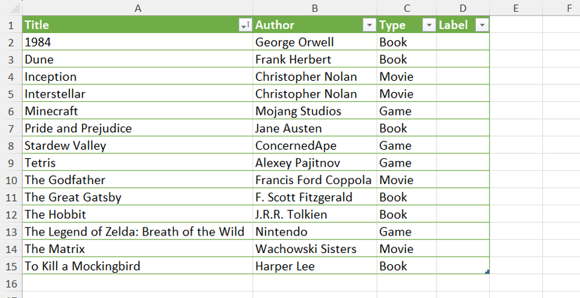 An Excel table with media titles in column A, authors in column B, and a blank Label column in column C.