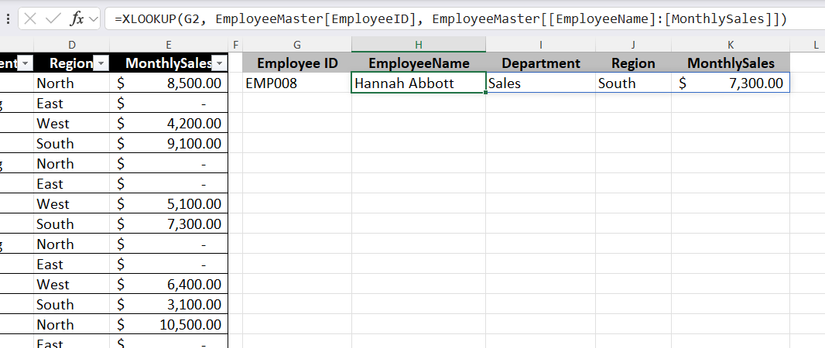 An Excel worksheet showing an XLOOKUP formula configured to return a multi-column array of data for a specific employee ID.