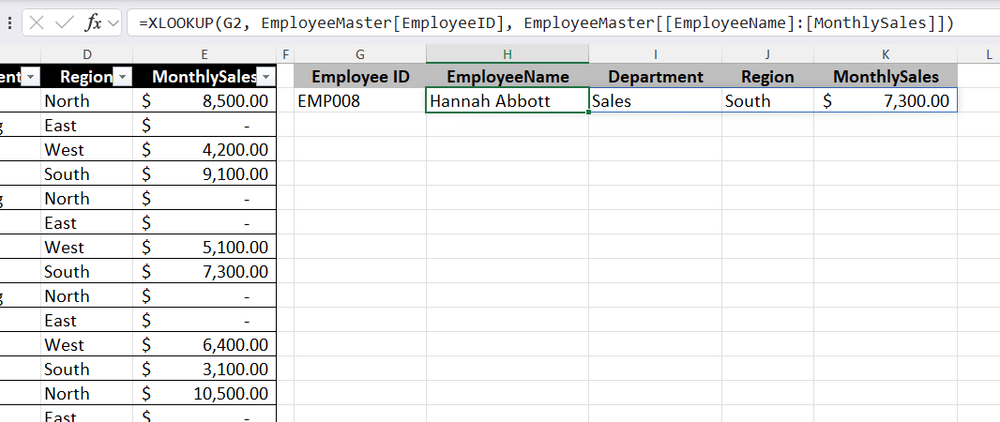 XLOOKUP returning multiple columns of employee data for a single ID lookup.