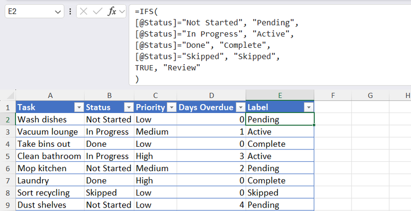 An IFS formula in Excel's formula bar with clear side-by-side condition-output pairings on each line and a catch-all TRUE evaluation at the end.