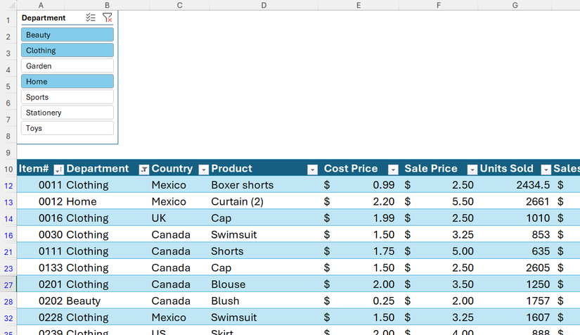 An interactive Department slicer menu is used to dynamically filter visible data rows inside a structured Excel table.
