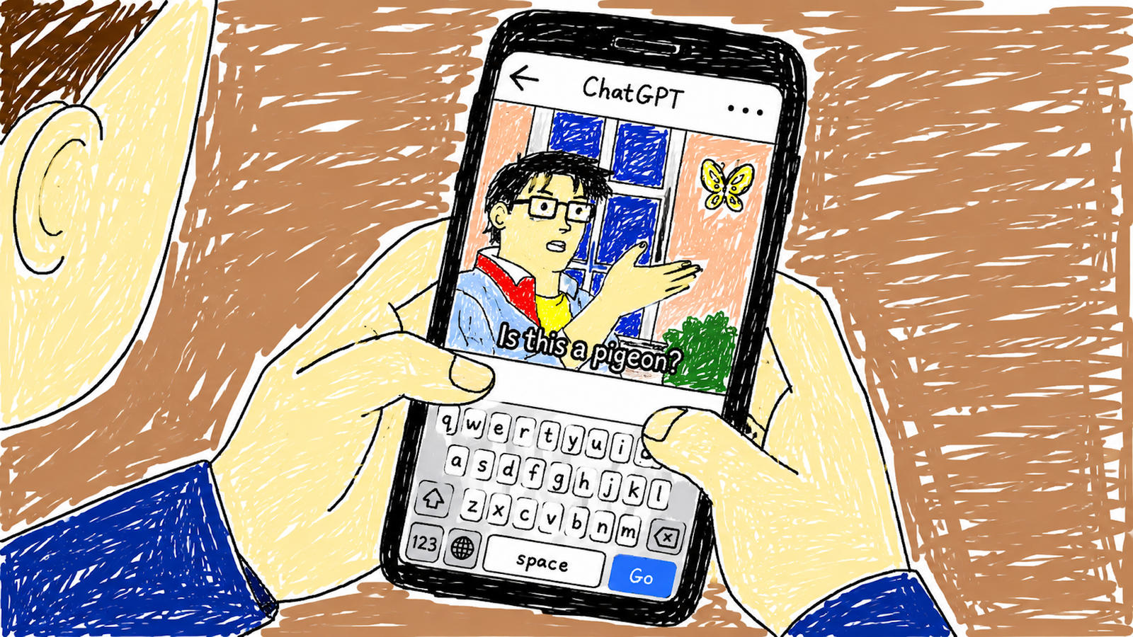 An MS Paint style image created by ChatGPT showing a person using ChatGPT on their phone to create a Studio Ghibli style image.