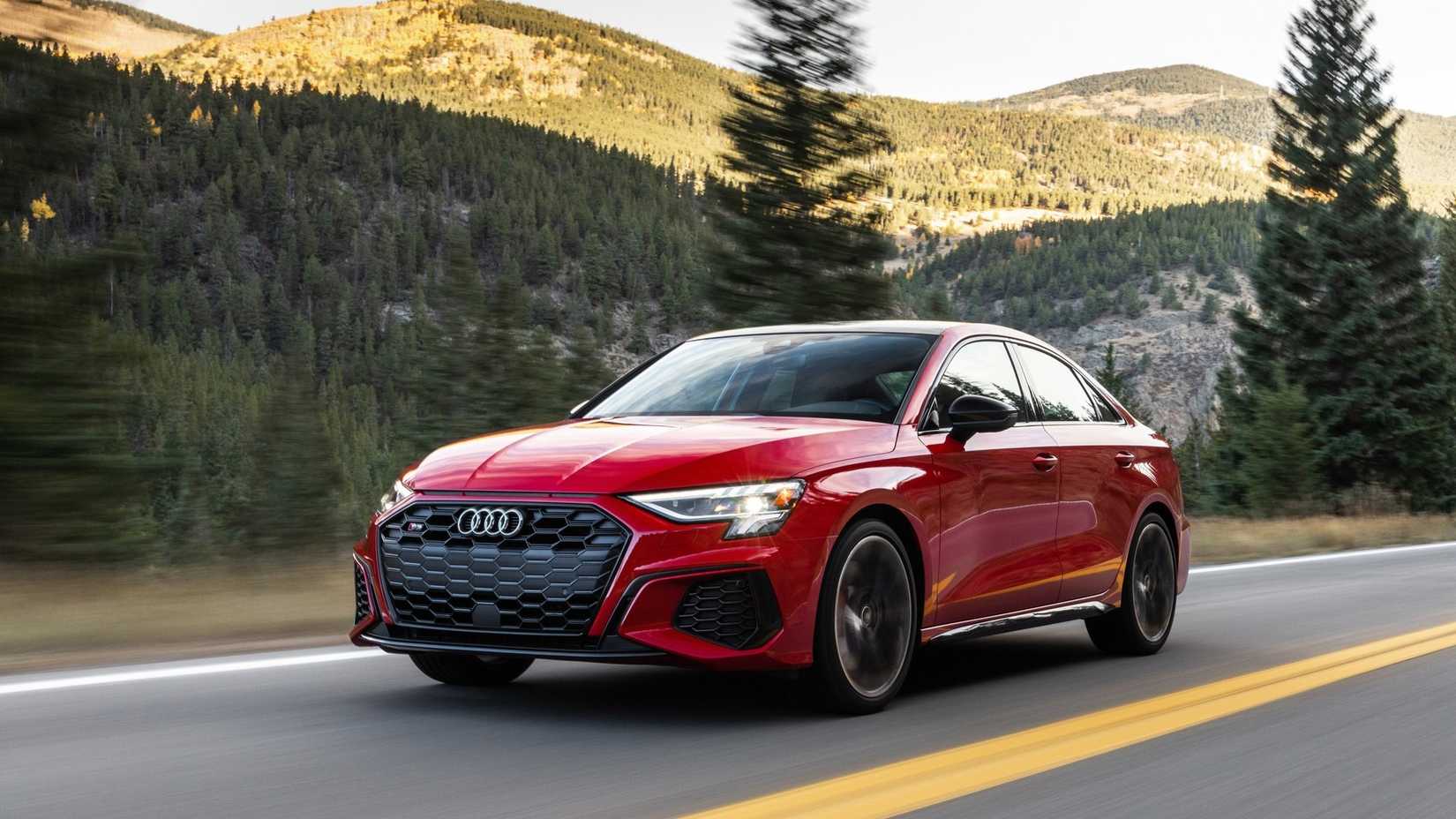 Front 3/4 action shot of a 2021 Audi S3