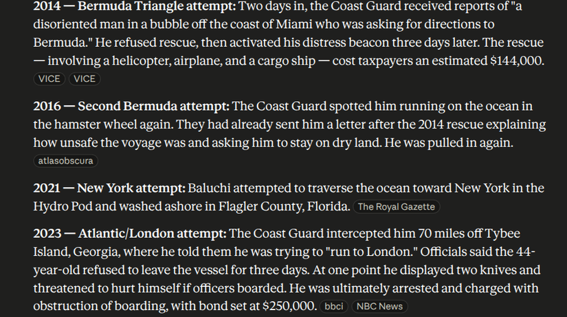 A timeline of events in Baluchi's life generated by Claude, with sources at the end of each paragraph.