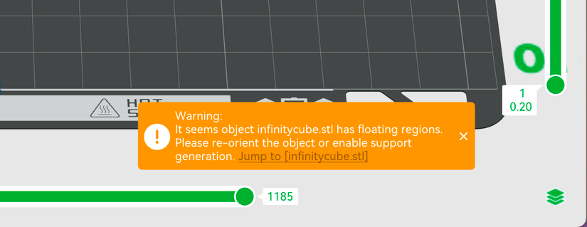 Bambu Studio warning about supports.