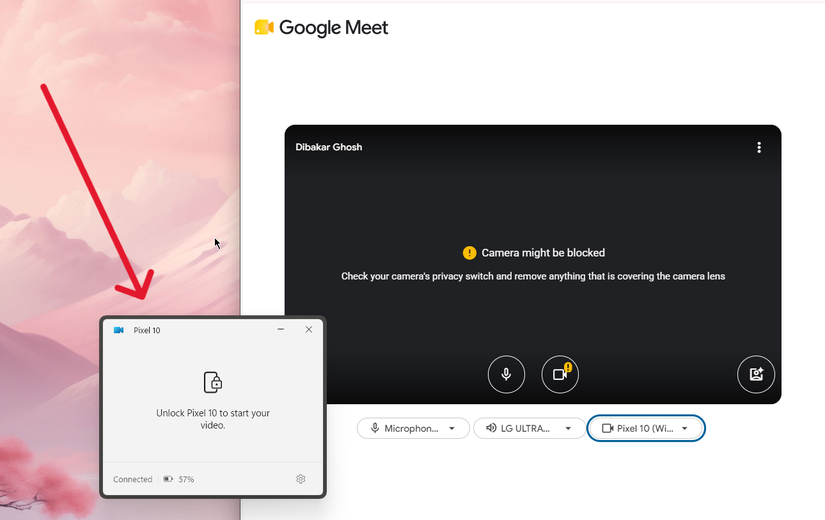 Use the Pixel 10 as a webcam for a Google Meet chat on a Windows 11 PC using the Phone Link app.